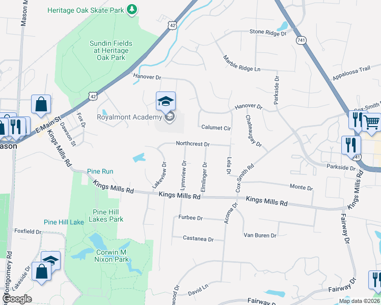 map of restaurants, bars, coffee shops, grocery stores, and more near 305 Northcrest Drive in Mason