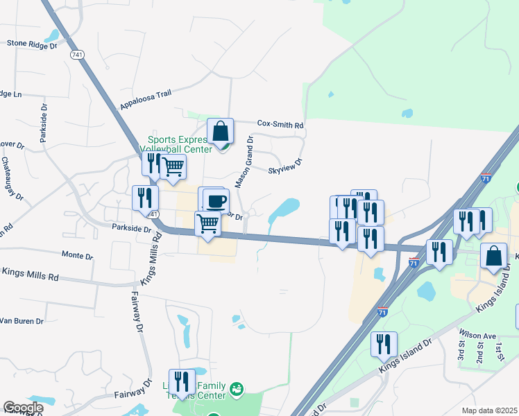 map of restaurants, bars, coffee shops, grocery stores, and more near 3057 Skyview Drive in Mason