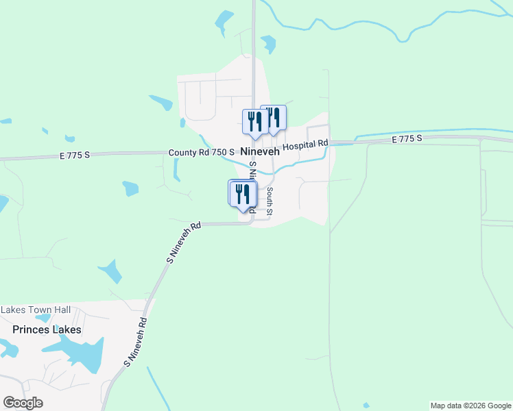map of restaurants, bars, coffee shops, grocery stores, and more near 7919 South Nineveh Road in Nineveh