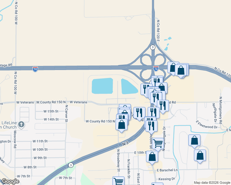 map of restaurants, bars, coffee shops, grocery stores, and more near 2301 North Broadway Street in Greensburg