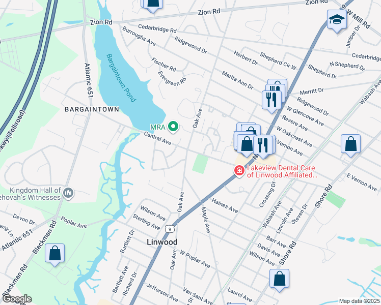 map of restaurants, bars, coffee shops, grocery stores, and more near 563 Central Avenue in Linwood
