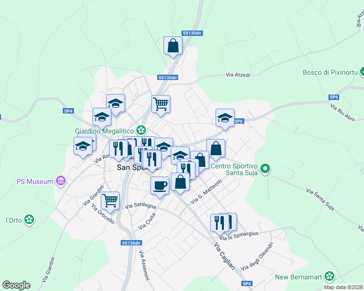 map of restaurants, bars, coffee shops, grocery stores, and more near Strada Provinciale 6 in San Sperate