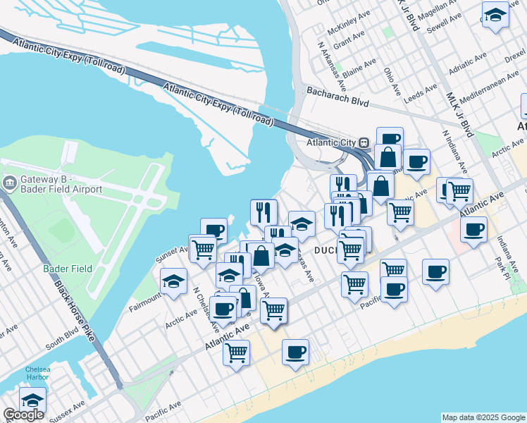 map of restaurants, bars, coffee shops, grocery stores, and more near 239 Arizona Avenue in Atlantic City