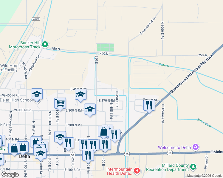 map of restaurants, bars, coffee shops, grocery stores, and more near 520 East 450 North Road in Delta