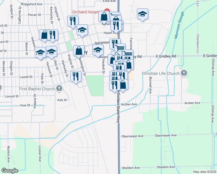 map of restaurants, bars, coffee shops, grocery stores, and more near 1513 California 99 in Gridley