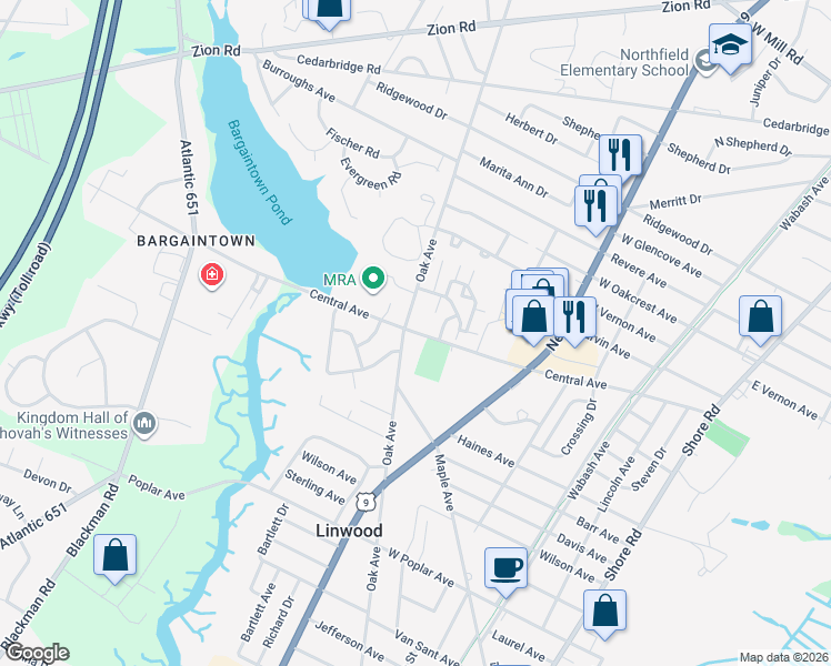 map of restaurants, bars, coffee shops, grocery stores, and more near 570 Central Avenue in Linwood