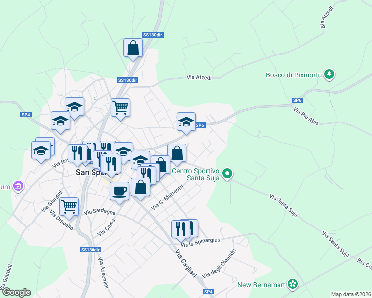 map of restaurants, bars, coffee shops, grocery stores, and more near Strada Provinciale 6 in San Sperate