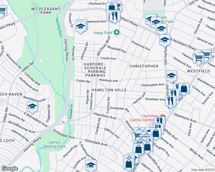 map of restaurants, bars, coffee shops, grocery stores, and more near 2318 Cloville Avenue in Baltimore