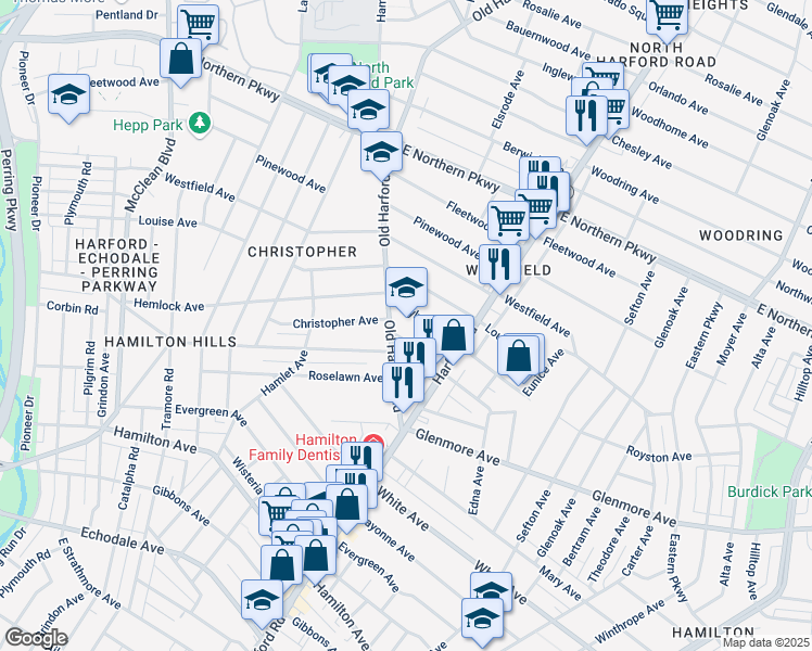 map of restaurants, bars, coffee shops, grocery stores, and more near 6101 Old Harford Road in Baltimore