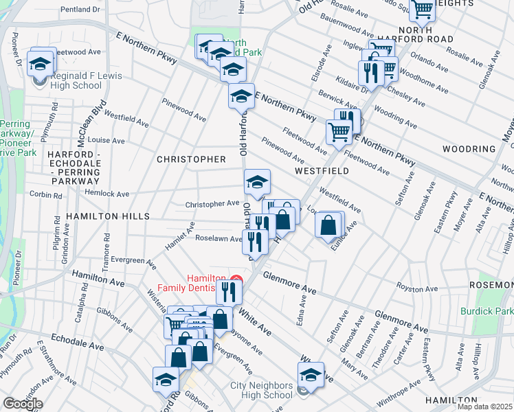 map of restaurants, bars, coffee shops, grocery stores, and more near 6101 Old Harford Road in Baltimore