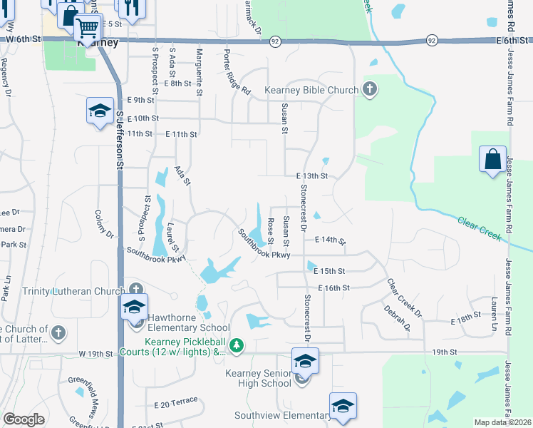 map of restaurants, bars, coffee shops, grocery stores, and more near 1307 Rose Street in Kearney