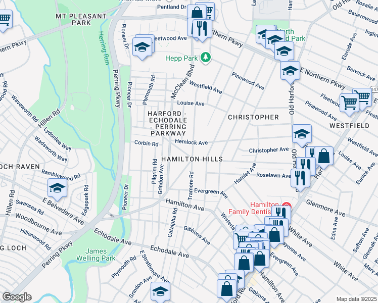 map of restaurants, bars, coffee shops, grocery stores, and more near 2318 Cloville Avenue in Baltimore