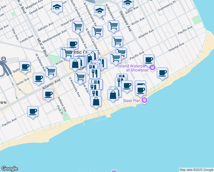 map of restaurants, bars, coffee shops, grocery stores, and more near 120 South South Carolina Avenue in Atlantic City