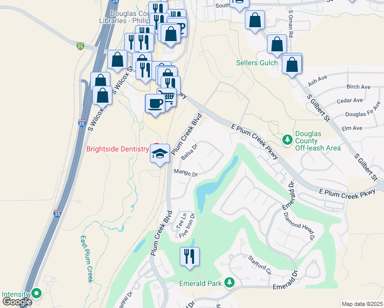 map of restaurants, bars, coffee shops, grocery stores, and more near 470 Balsa Drive in Castle Rock