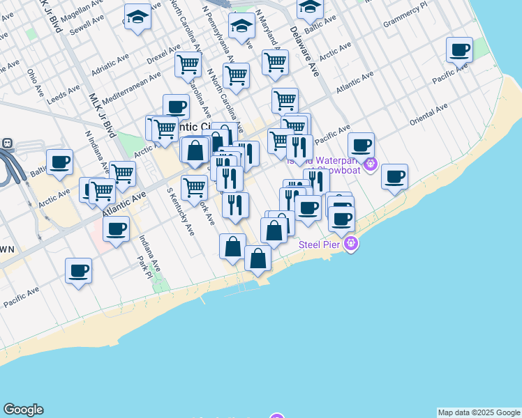 map of restaurants, bars, coffee shops, grocery stores, and more near 136 South South Carolina Avenue in Atlantic City