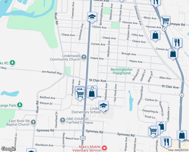 map of restaurants, bars, coffee shops, grocery stores, and more near 3721 Benninghofen Avenue in Hamilton