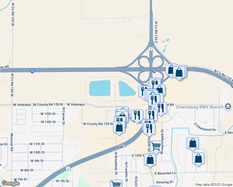 map of restaurants, bars, coffee shops, grocery stores, and more near 2301 North Broadway Street in Greensburg