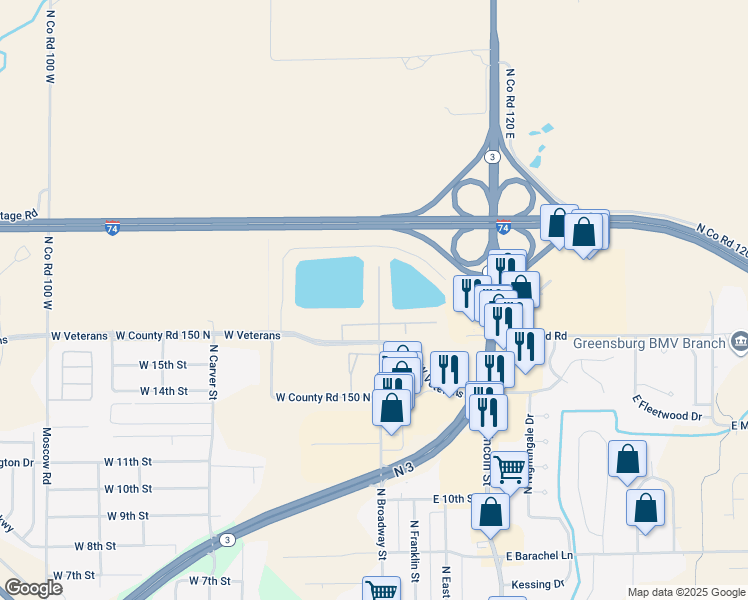 map of restaurants, bars, coffee shops, grocery stores, and more near 2301 North Broadway Street in Greensburg