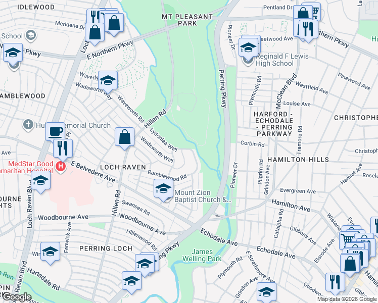 map of restaurants, bars, coffee shops, grocery stores, and more near 2045 Lydonlea Way in Baltimore