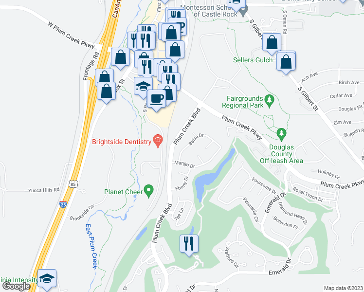 map of restaurants, bars, coffee shops, grocery stores, and more near 431 Balsa Drive in Castle Rock