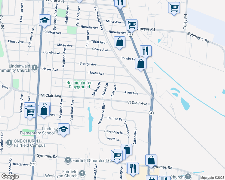 map of restaurants, bars, coffee shops, grocery stores, and more near 3697 Rose Avenue in Hamilton