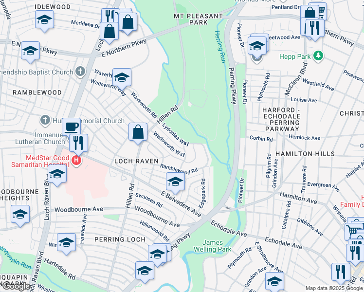 map of restaurants, bars, coffee shops, grocery stores, and more near 1917 Lydonlea Way in Baltimore