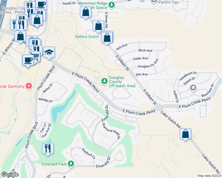 map of restaurants, bars, coffee shops, grocery stores, and more near 1566 Castle Creek Circle in Castle Rock