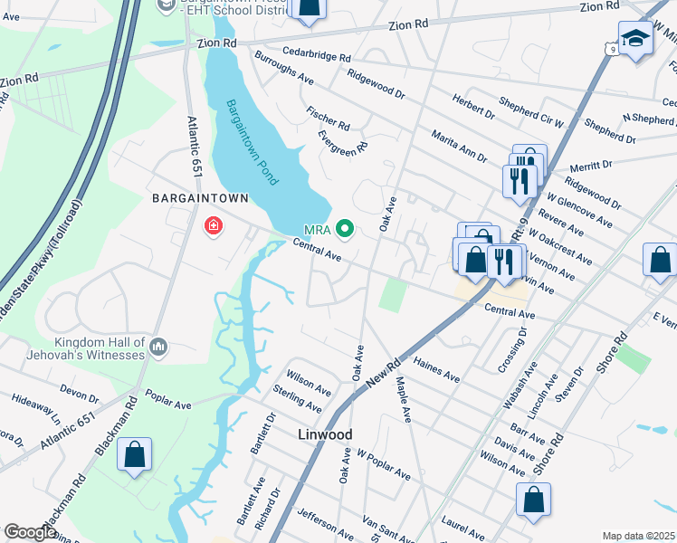map of restaurants, bars, coffee shops, grocery stores, and more near 401 Leenie Lane in Linwood