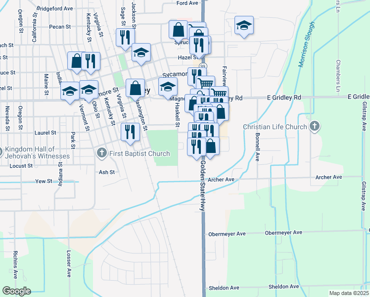 map of restaurants, bars, coffee shops, grocery stores, and more near East Gridley Road in Gridley