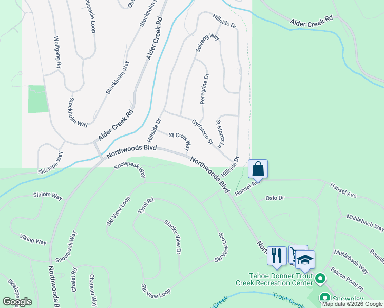 map of restaurants, bars, coffee shops, grocery stores, and more near 13495 Northwoods Boulevard in Truckee
