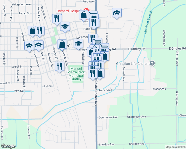 map of restaurants, bars, coffee shops, grocery stores, and more near 1513 California 99 in Gridley