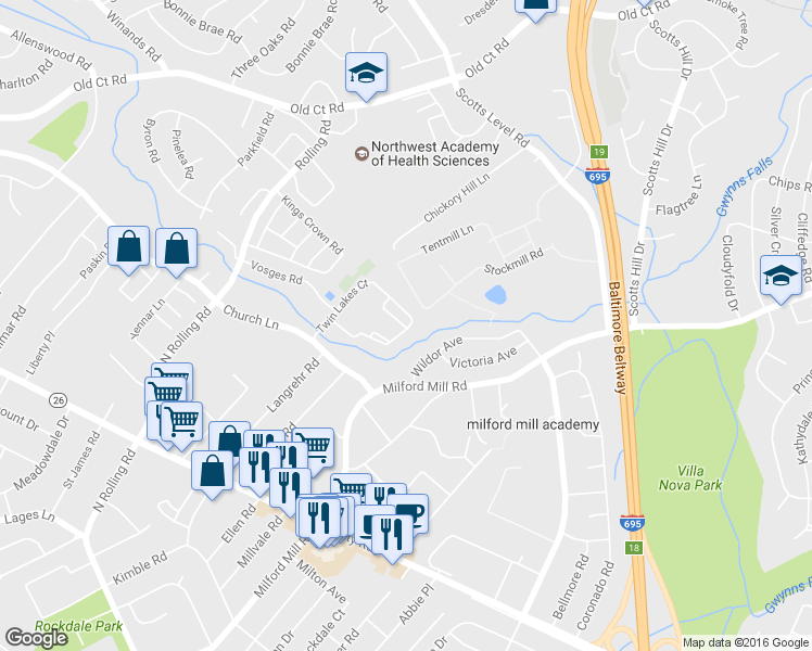 map of restaurants, bars, coffee shops, grocery stores, and more near 8107 Salt Lake Drive in Milford Mill