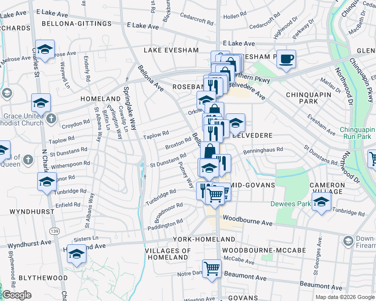 map of restaurants, bars, coffee shops, grocery stores, and more near 326 Saint Dunstans Road in Baltimore