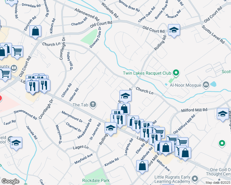map of restaurants, bars, coffee shops, grocery stores, and more near 3601 Yennar Lane in Milford Mill