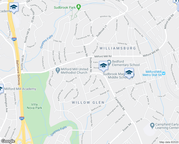 map of restaurants, bars, coffee shops, grocery stores, and more near 7425 Sudbrook Road in Pikesville