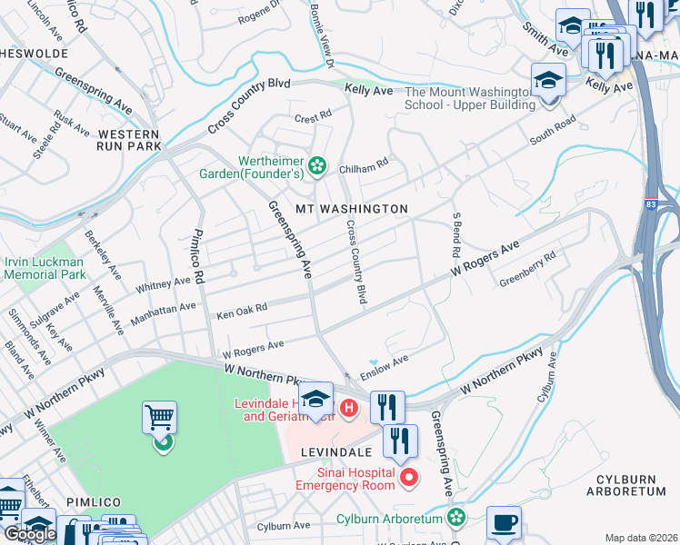 map of restaurants, bars, coffee shops, grocery stores, and more near 2304 Ken Oak Road in Baltimore
