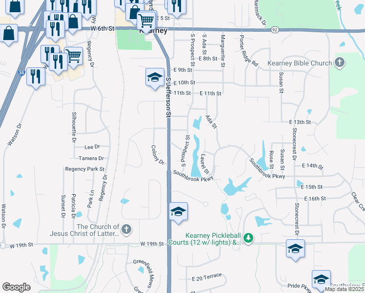 map of restaurants, bars, coffee shops, grocery stores, and more near 1305 South Prospect Street in Kearney