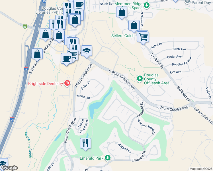 map of restaurants, bars, coffee shops, grocery stores, and more near 743 Balsa Dr in Castle Rock