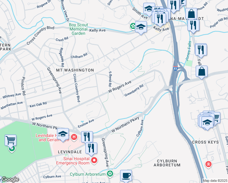 map of restaurants, bars, coffee shops, grocery stores, and more near 2027 West Rogers Avenue in Baltimore