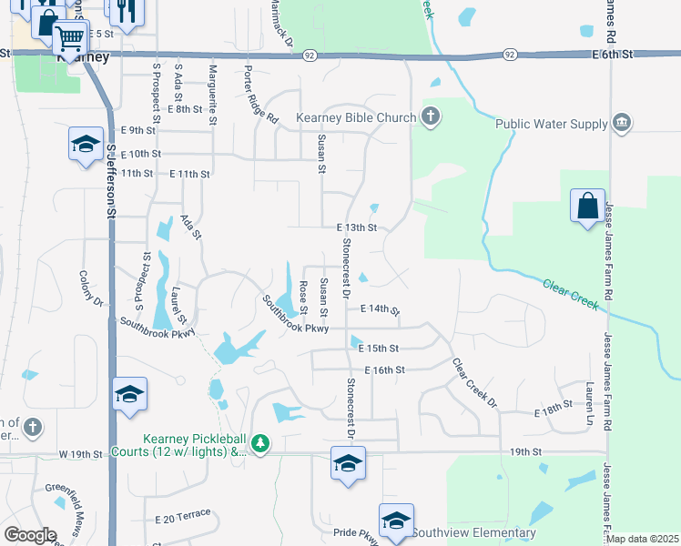map of restaurants, bars, coffee shops, grocery stores, and more near 1312 Stonecrest Drive in Kearney