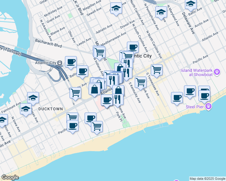 map of restaurants, bars, coffee shops, grocery stores, and more near 1738 Atlantic Avenue in Atlantic City