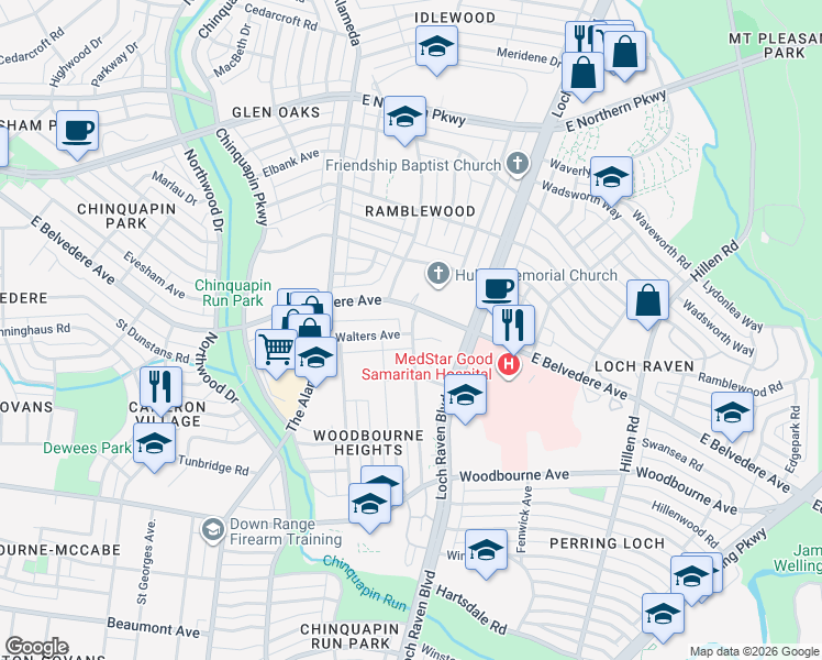map of restaurants, bars, coffee shops, grocery stores, and more near 5601 Loch Raven Boulevard in Baltimore