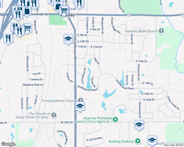 map of restaurants, bars, coffee shops, grocery stores, and more near 1317 Laurel Street in Kearney