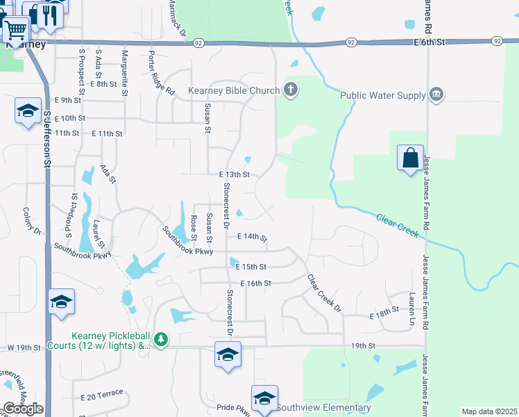 map of restaurants, bars, coffee shops, grocery stores, and more near 1313 Clear Creek Drive in Kearney