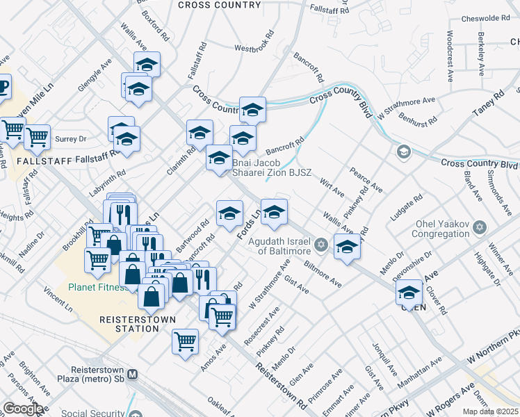 map of restaurants, bars, coffee shops, grocery stores, and more near 3618 Fords Lane in Baltimore