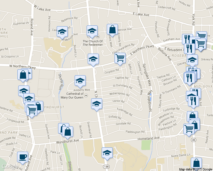 map of restaurants, bars, coffee shops, grocery stores, and more near 106 Saint Dunstans Road in Baltimore
