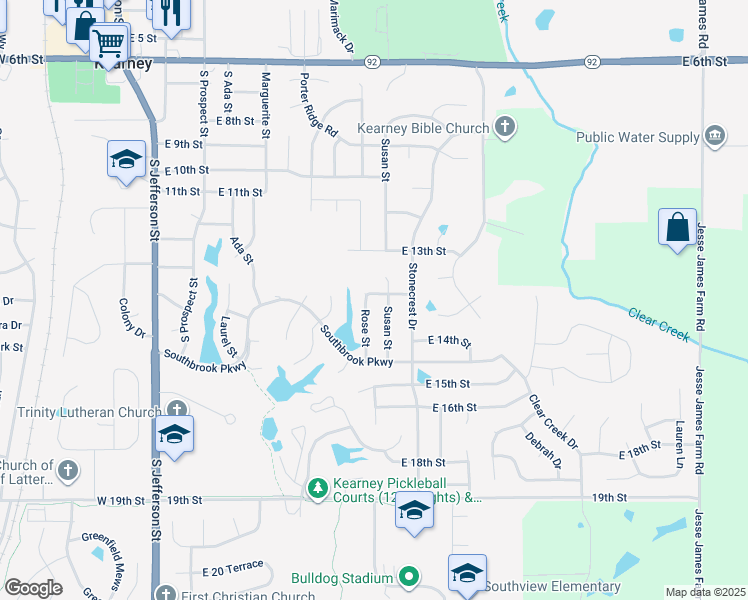 map of restaurants, bars, coffee shops, grocery stores, and more near 1307 Rose Street in Kearney