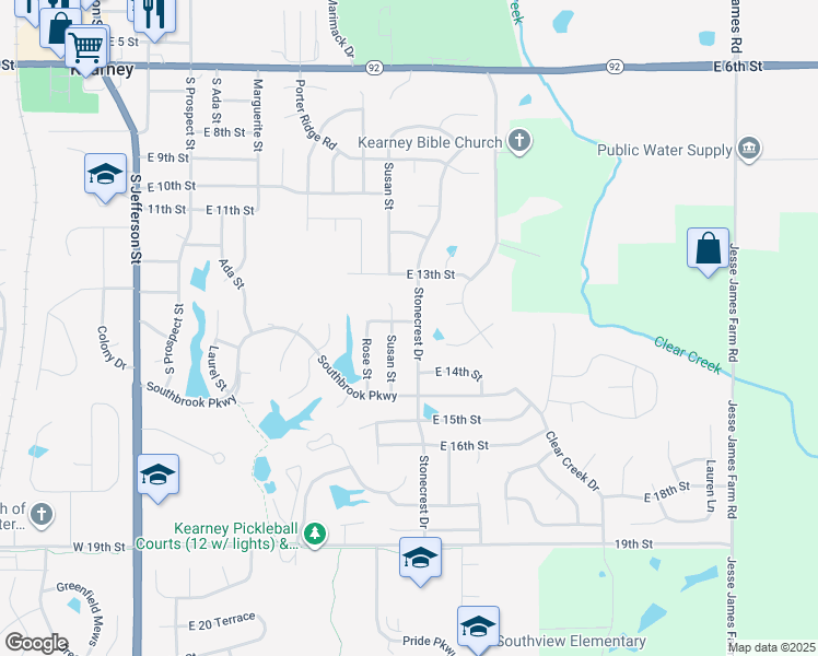 map of restaurants, bars, coffee shops, grocery stores, and more near 1312 Stonecrest Drive in Kearney