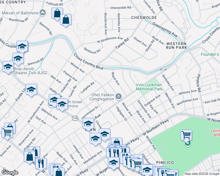 map of restaurants, bars, coffee shops, grocery stores, and more near 5918 Winner Avenue in Baltimore