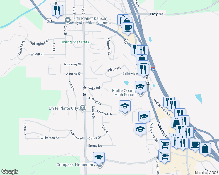 map of restaurants, bars, coffee shops, grocery stores, and more near 508 Wells Road in Platte City